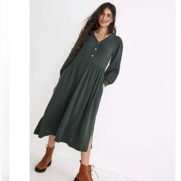Madewell Lightspun Button Front Midi Dress Forrest Green size 4 - Picture 3 of 13